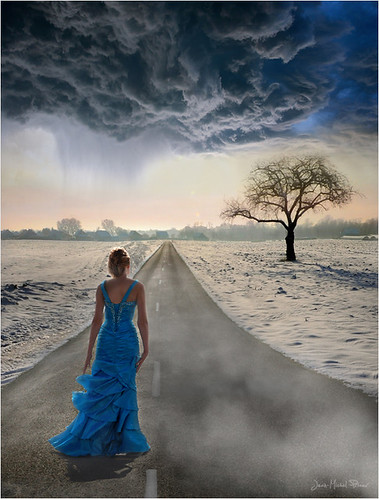 lady blue girl dress robe bleu sky tempst winter scene priaux photoshop woman road route tree fog smoke sureal surréaliste dream fantasy miss missblue ladyblue mystery mysterious ontheroad art alsace paysage landscape magie songe songes magical pointofview sexy pretty model curve line terrificsky ried dreamland anotherworld mattepainting female women
