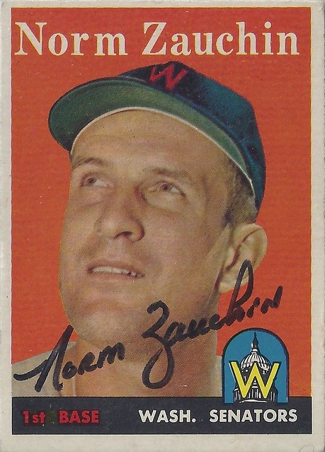 1958 Topps - Norm Zauchin #422 (First Baseman) (b: 17 Nov 1929 - d: 31 Jan 1999 at age 69) - Autographed Baseball Card (Washington Senators)