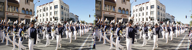Passing of the marchers in 3D grab from HD3D video of 2011 Rose Parade...Downington PA band. Canon 5DM2