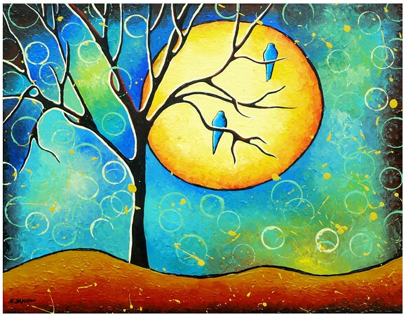 Blue Birds Painting Whimsical Tree of Life Original Art