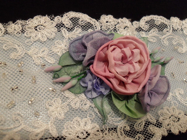 hand dyed ribbon rose with vintage stamens