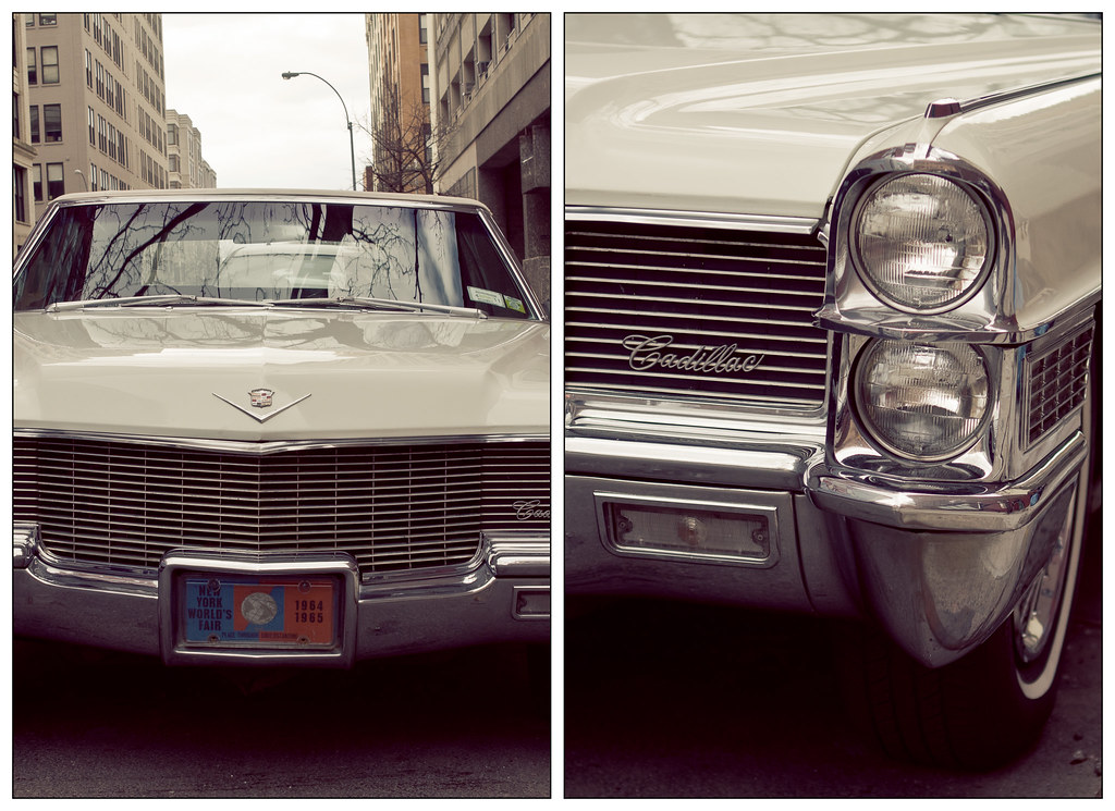 White Cadillac diptych: left, front grille with 1964-1965 NY Fair plate; right, twin headlights.