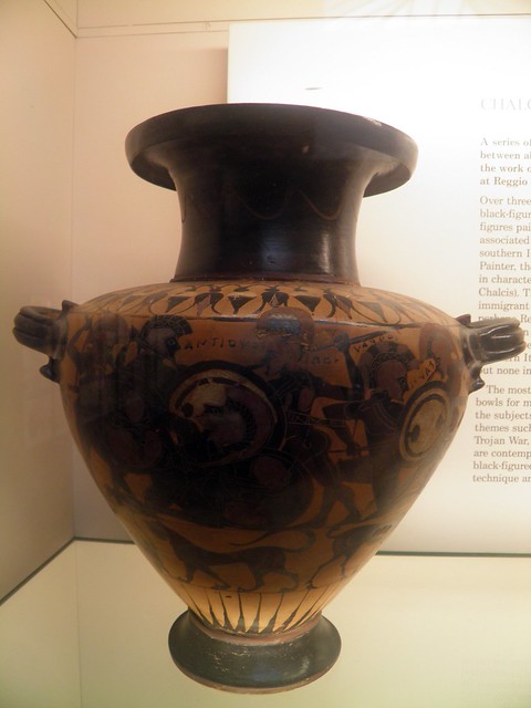 Black-figured hydria (water-jar) with Warriors fighting, Greeks in Italy (Room 73), British Museum