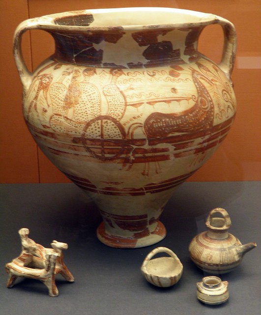 Pottery krater (bowl) decorated with a horse-drawn chariot and riders, Greece: Mycenaeans (Room 12b), British Museum