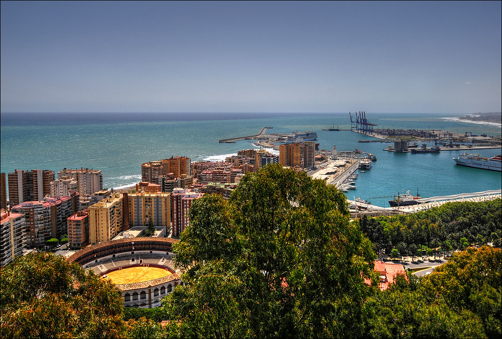 View about the malaga bull arena and the harbor