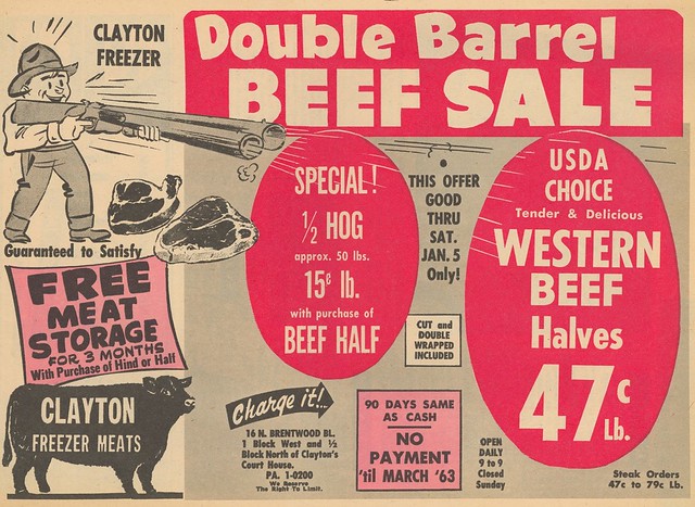 1963 Clayton Freezer Double Barrel Beef Sale Ad