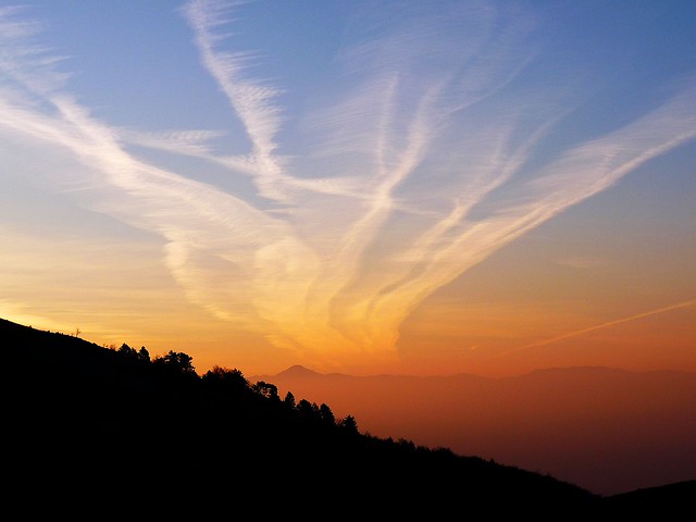 Aircraft Contrails (from Muenchen, Paris and Milan) All Point The Balkans, Flying Over Mount Snežnik; Sunrise