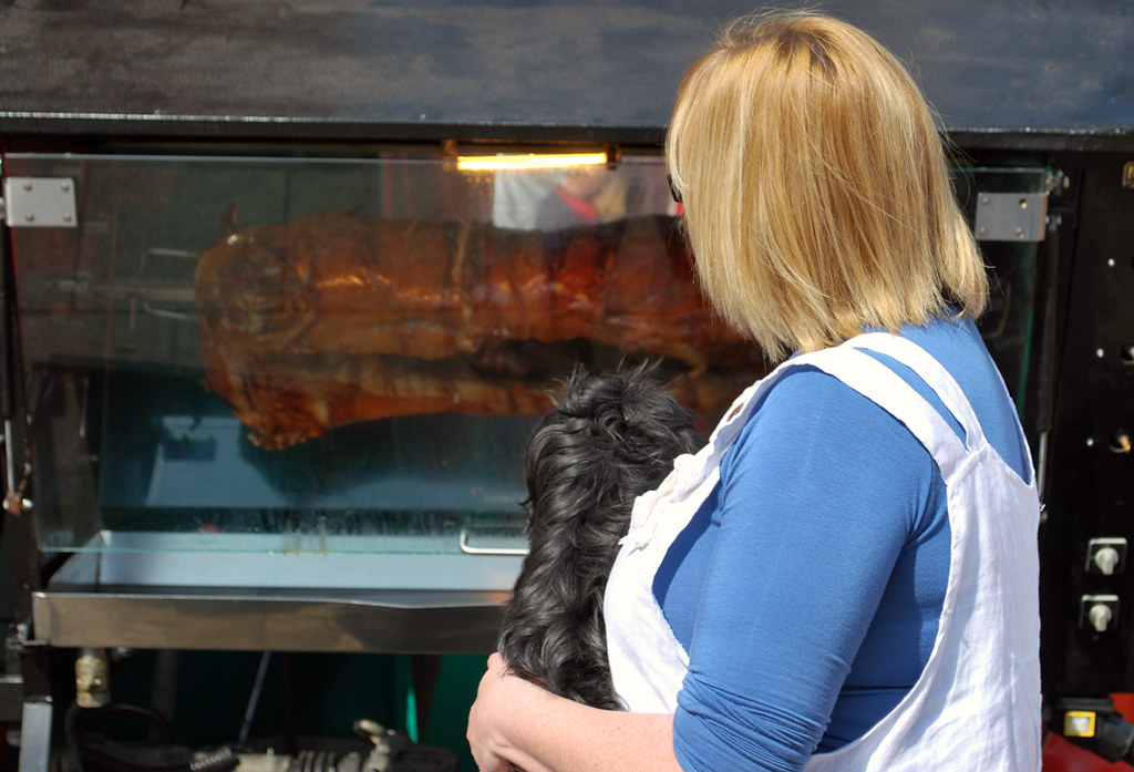 a woman droolingover a spit roast at the continenatl market in barnsley.