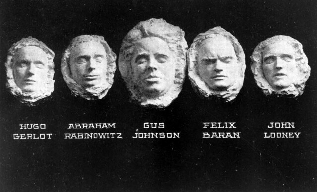 Death masks molded of IWW Everett Massacre vicitims Hugo Gerlot, Abraham Rabinowitz, Gus Johnson, Felix Baran and John Looney, 1916