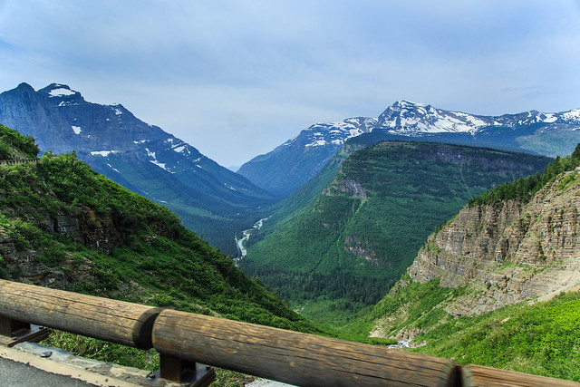 View from a shuttle bus on the Going to the Sun Road in Glacier National Park, Montana.