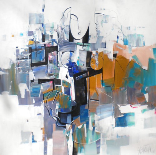 Pale angular figure among blue and gold blocks