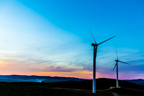 Wind Brothers by rubatos, sunset sky green nature windmill station skyline twilight energy technology power wind dusk country 