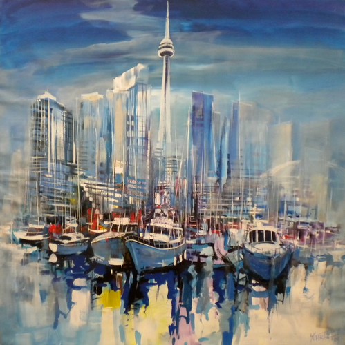 Needle-like city tower above a blue harbour
