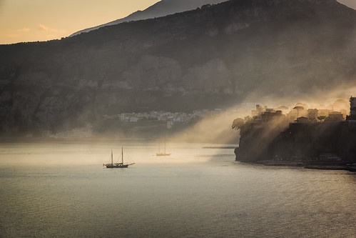 ocean morning italy mist water sailboat sunrise boat campania ships coastline sorrento sunrays
