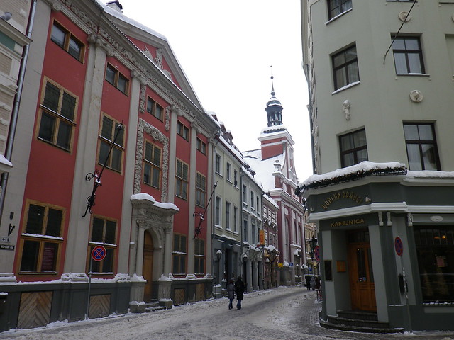 Marstalu Street with Reutern House and Reformants' Church in Old Town of Riga, Latvia. January 6, 2011