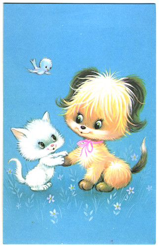 Vintage greetings card - cat, dog and bird