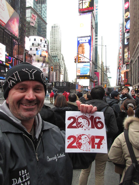 Ryan Janek Wolowski celebrating Lunar New Year / Chinese New Year 2017 year of the rooster (zodiac) at the Times Square New Year's Eve midnight Waterford Crystal ball drop in New York City USA 2016 monkey (zodiac) - 2017 rooster (zodiac)