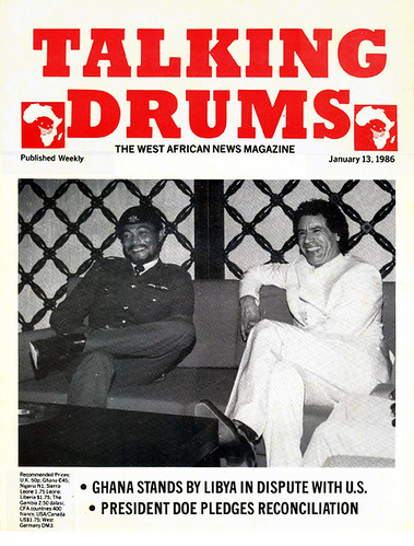 Rawlings and Gaddafi on cover of Talking Drums magazine, 1986-01-13 - Ghana stands by Libya in US dispute - Doe pledges reconciliation