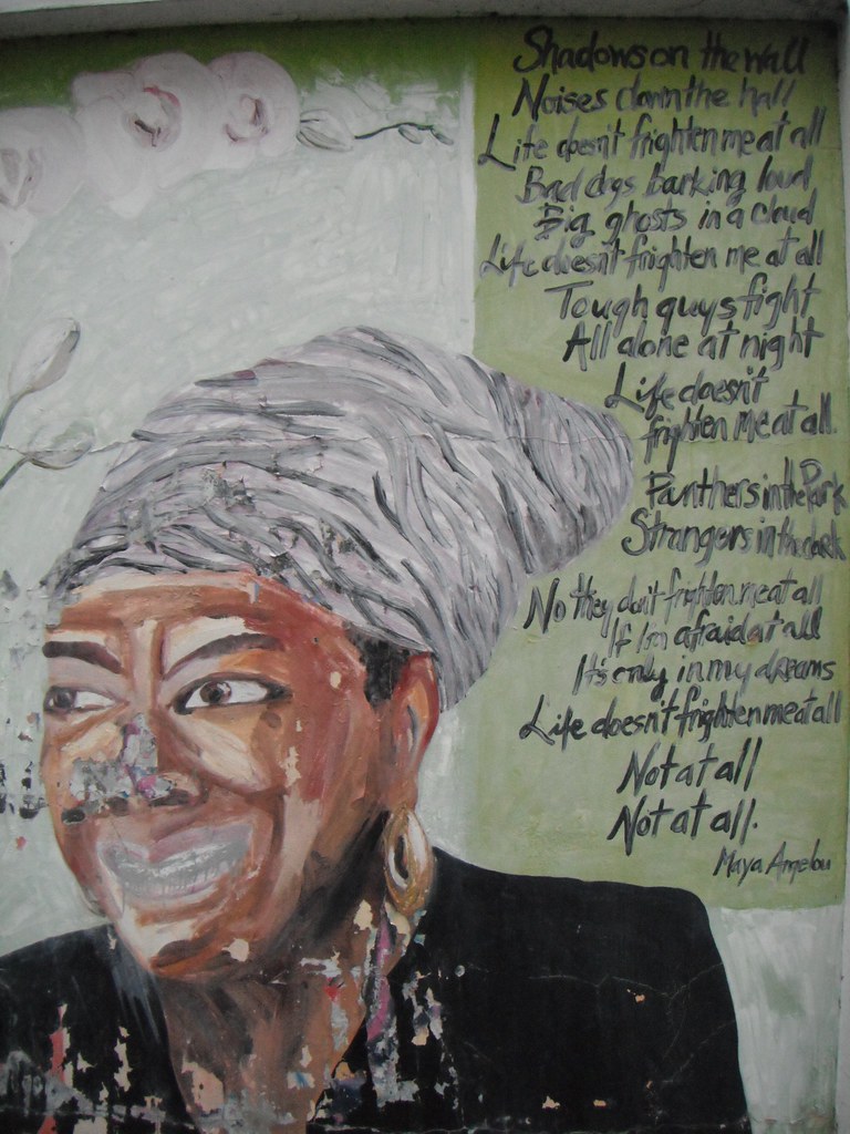 Maya Angelou graffiti and Life Doesn't Frighten Me poem, outside Brockley station in south-east London