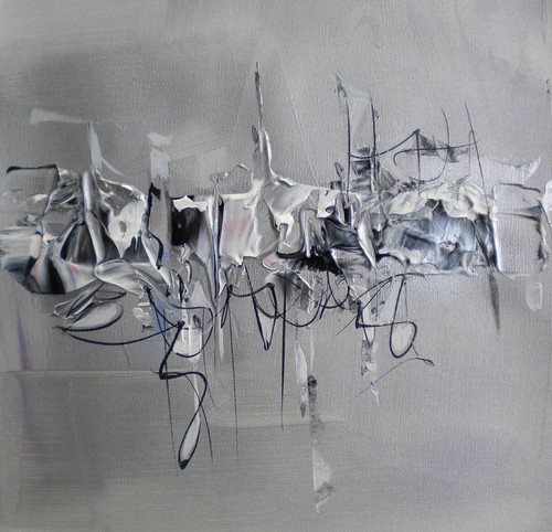 Thin angular black forms on a grey background