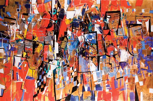 Crowded faces and geometric blocks in warm colours