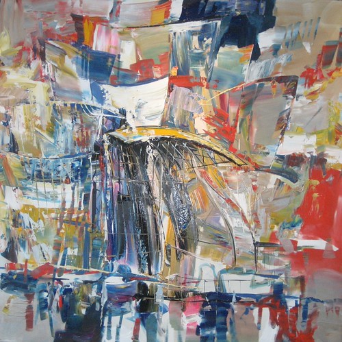 Layered angular architecture in pale blue and yellow