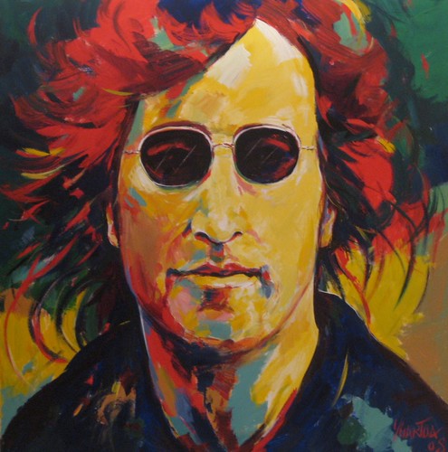 Musician portrait with dark round glasses on yellow