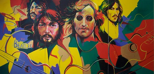 Four musician portraits in bright yellow, green and red