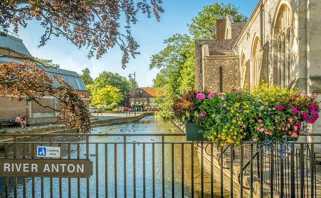 The Town Mills pub and the Methodist church by the River Anton in Andover, Hampshire