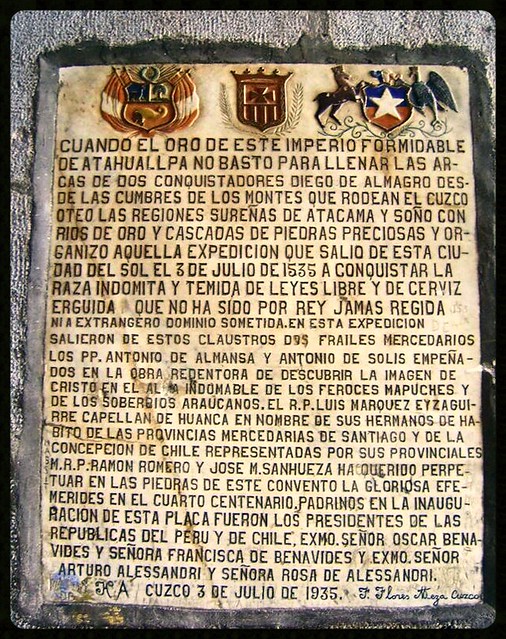partida de Almagro a Chile    Placa de 1935 en el Templo de La Merced de el Cusco