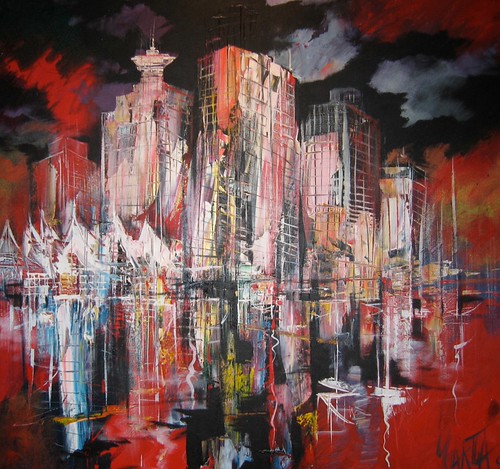Red and white towers reflected beneath a dark sky
