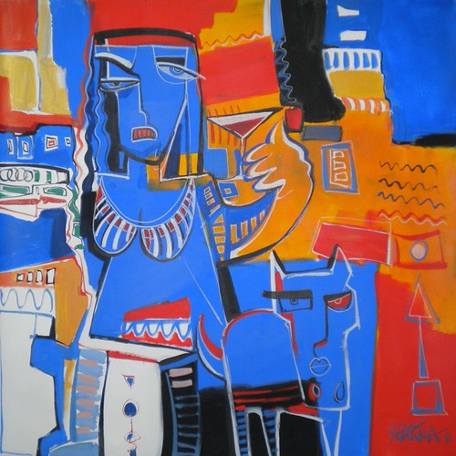 Two blue figures against orange geometric forms