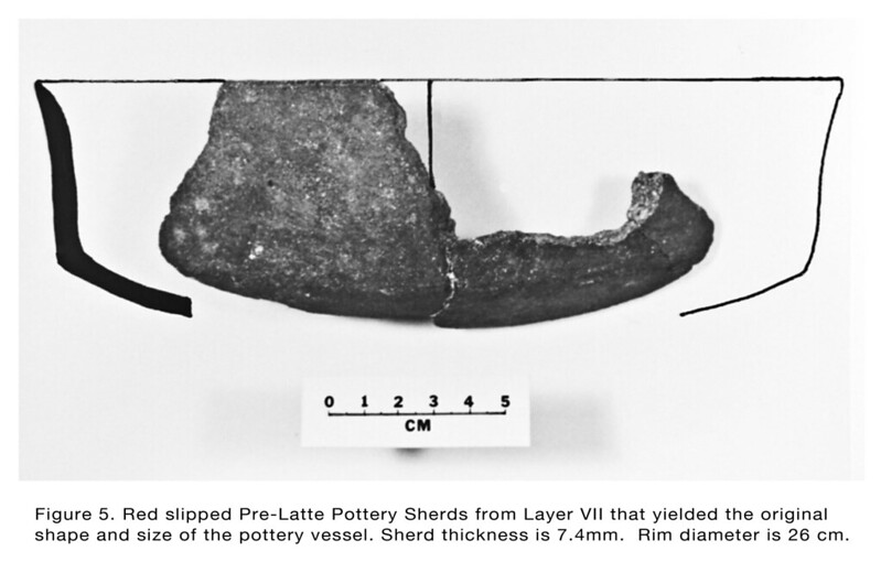 Figure 5. Red slipped Pre-Latte Pottery Sherds from Layer VII that yielded the original shape and size of the pottery vessel. Sherd thickness is 7.4mm.  Rim diameter is 26 cm.

Hiro Kurashina