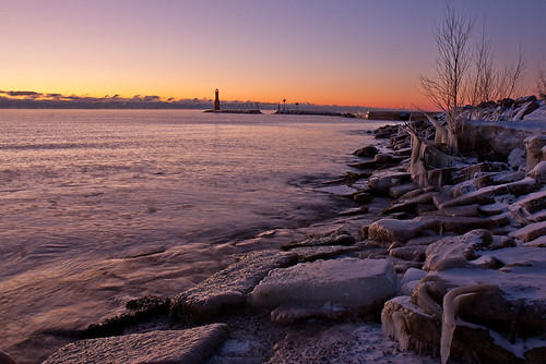 christmas lighthouse cold tree ice wisconsin sunrise harbor frozen rocks purple lakemichigan breakwater algoma