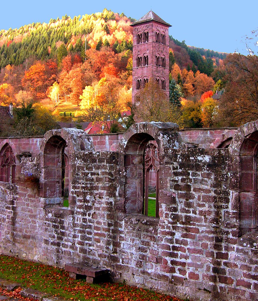 Benediktinerkloster Hirsau -Kreuzgang mit Eulenturm vor Herbstwald  - 020