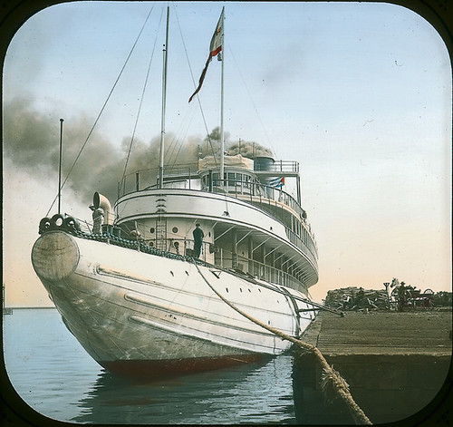 Whaleback S. S. Christopher Columbus at dock, Sault St. Marie(?), ON, about 1890