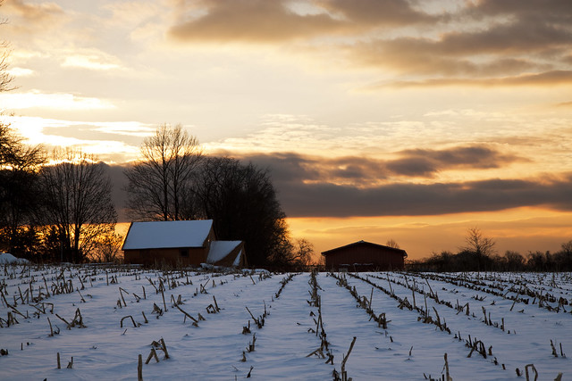 Winter Sunset over an old Farm