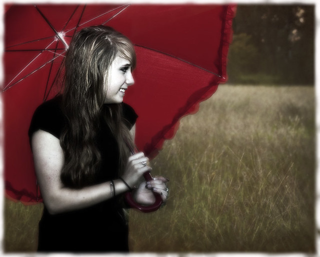 Girl Holding Red Umbrella Outdoor Senior Portrait