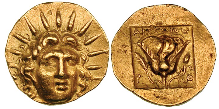 G325 An Exceptionally Rare Greek Gold Stater of Rhodes (Islands off Caria), of Extreme Rarity as Compared to the Prolific Minting of Silver and Bronze at Rhodes
