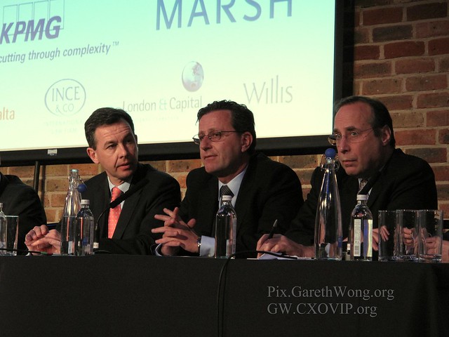 (right to left) Tom Skwarek, Swiss Re; Dr. Luzi Hitz, CEO, PERILS; Eric Paire, Managing Director, Guy Carpenter on Insurance linked securities panel  IMG_4740