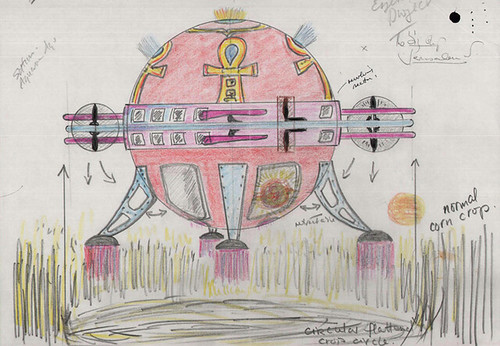 Colour sketch of a 'spaceship' creating crop circles