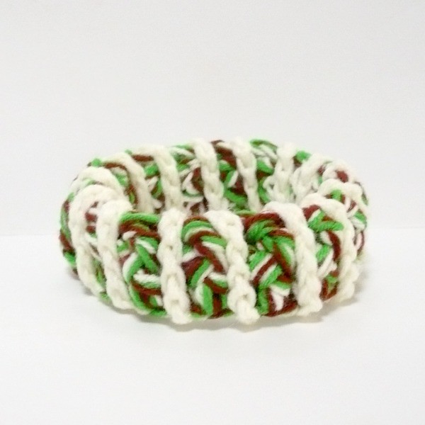 Crocheted Bangle in Green, Brown and Creamy White