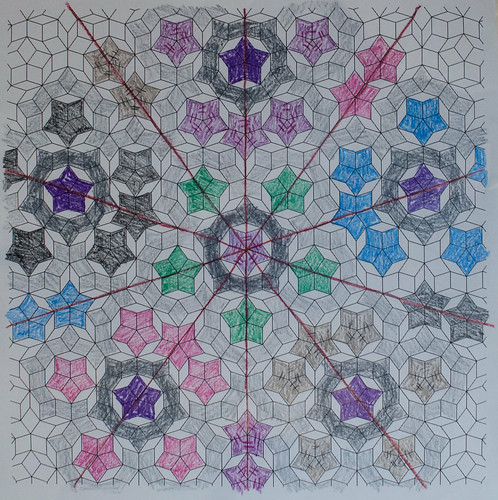 After finishing sewing, I printed out my original guide, marked symmetry lines, and colored in the groups of stars to serve as a guide for quilting.

A photo of the almost-finished top (a few stars were replaced after the photo was taken) is below.