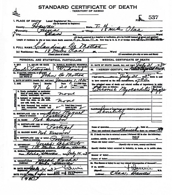 BRAZIL, Claudina:  Death Certificate