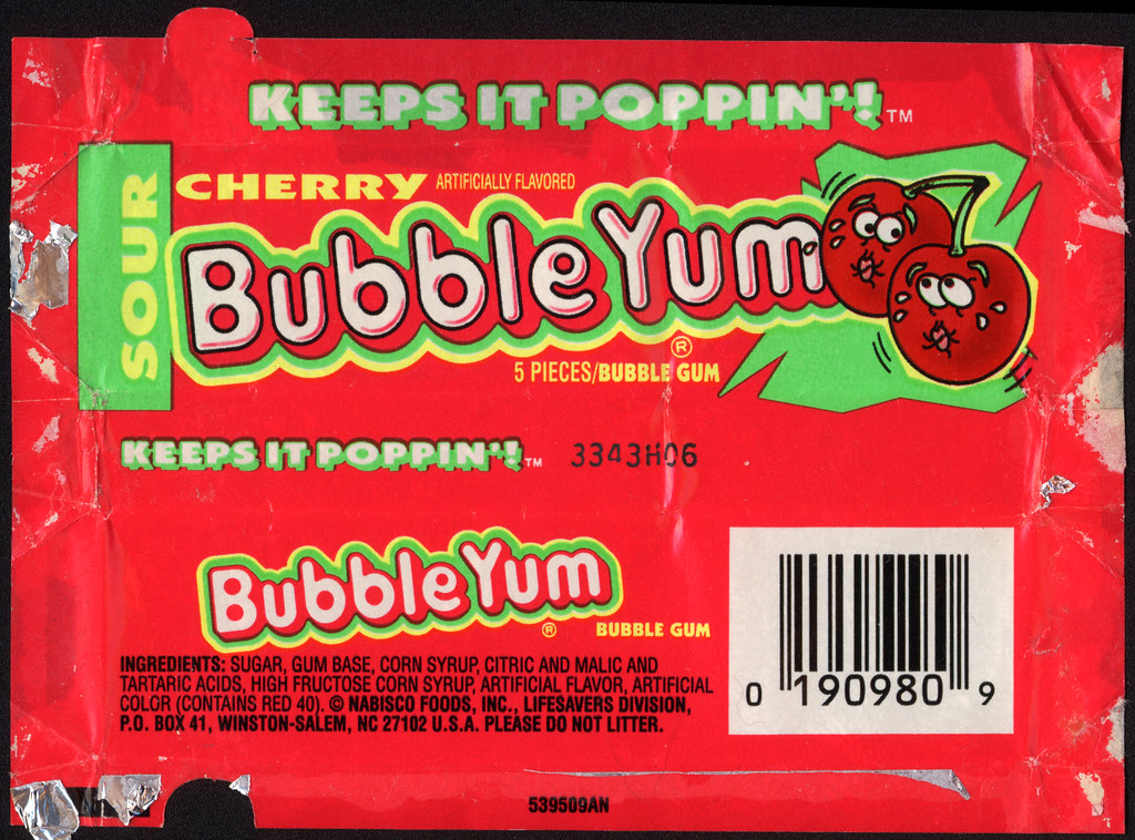 Bubble Yum - Sour Cherry bubble gum package wrapper - 1993.