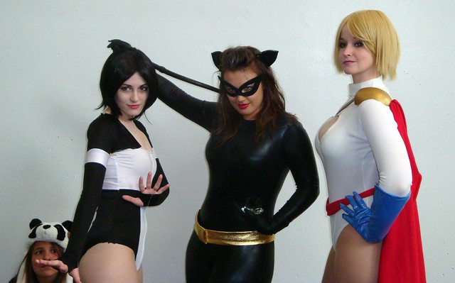 terra, catwoman, powergirl and a suprised panda