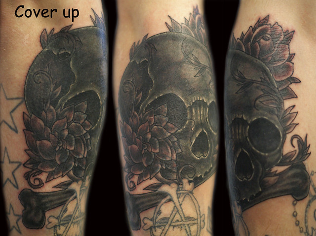 Black and Grey Skull, Bone and Flowers Tattoo Cover Up