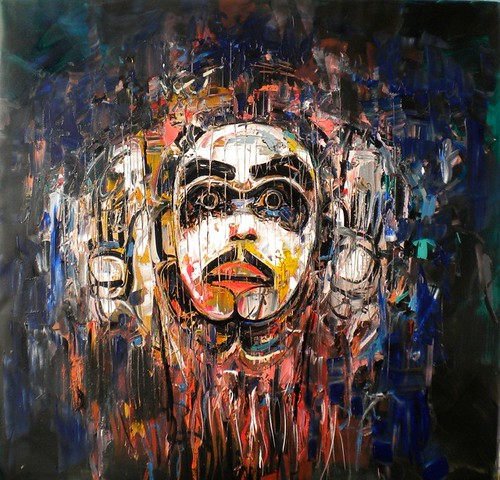 Mask face with a red mouth against dark expressive brushwork