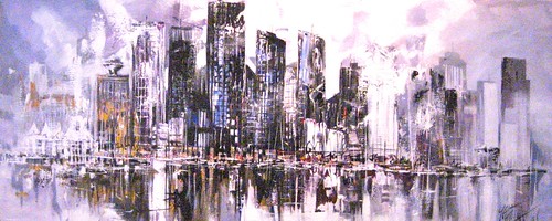 Wide grey and violet cityscape with water reflections
