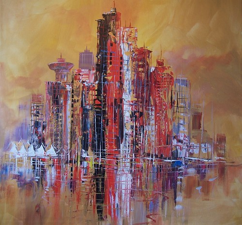 Red and purple towers reflected against golden paint